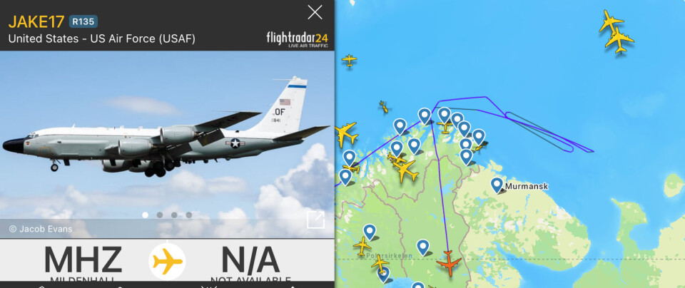 This U.S. electronic surveillance aircraft flew north over Norwegian airspace to about 28°E and turned east over the Barents Sea first into international airspace. It collected data from Russia's military north of the Kola Peninsula and returned back again by circumnavigating east Finmark region and flew into Finnish airspace on its way back to the United Kingdom.