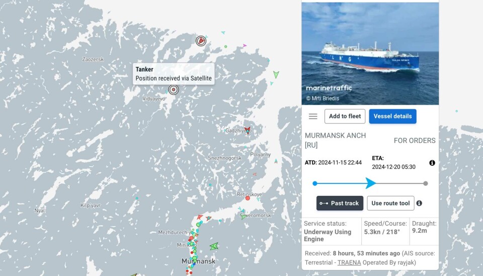 Shadow fleet carrier Mulan approaching floating storage unit Saam in Ura Guba, Murmansk region.
