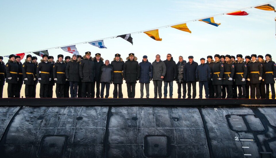 Navy Commander Admiral Aleksandr Moiseev (in the middle) on the deck of Arkhangelsk together with the crew and the leaders of Sevmash shipyard in Severodvinsk.