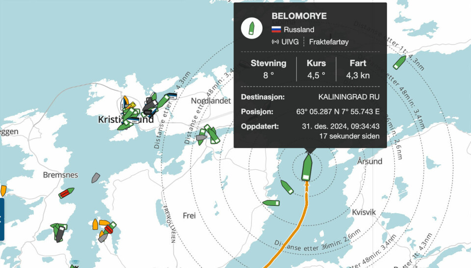 The Belomorye is towed by support ship Vengery out of the Frei Fjord on Norway's west coast.