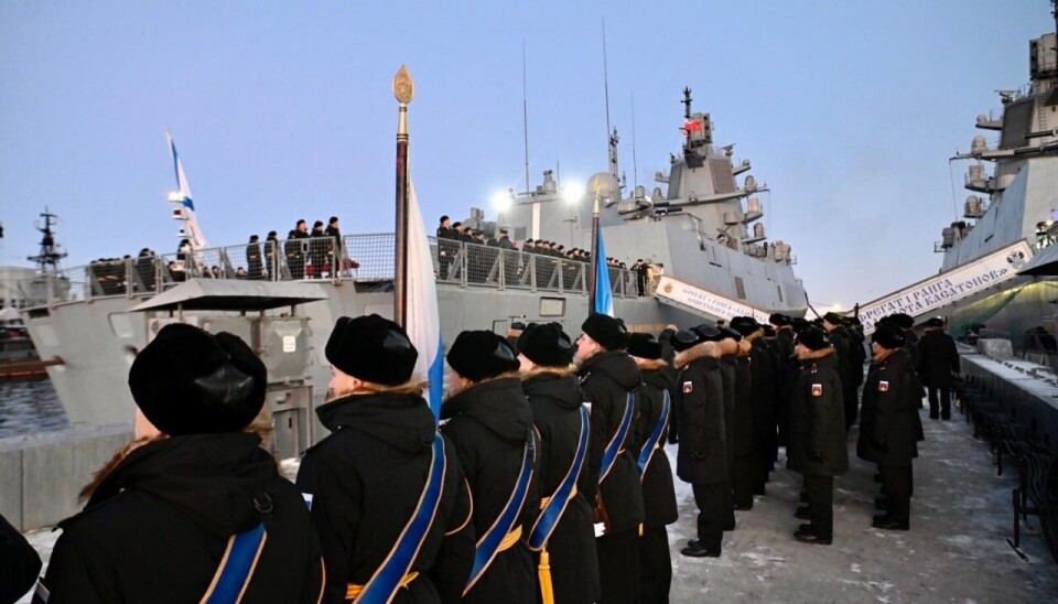 The Admiral Gorshkov (left) was welcomed back to Severomorsk on December 28. To the right is the sister vessel, the frigate Admiral Kasatonov.