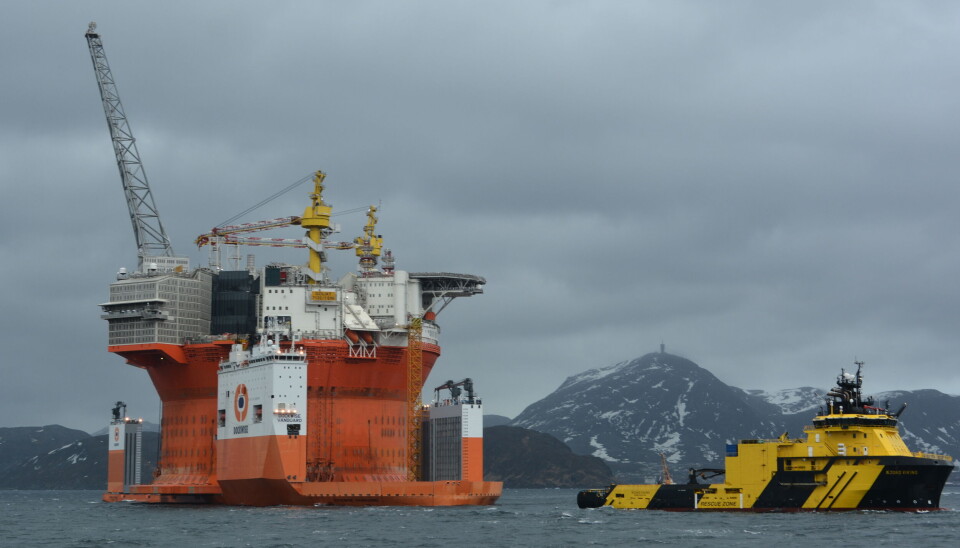 The Goliat oil rig on its way to the Barents Sea. Here outside Hammerfest.