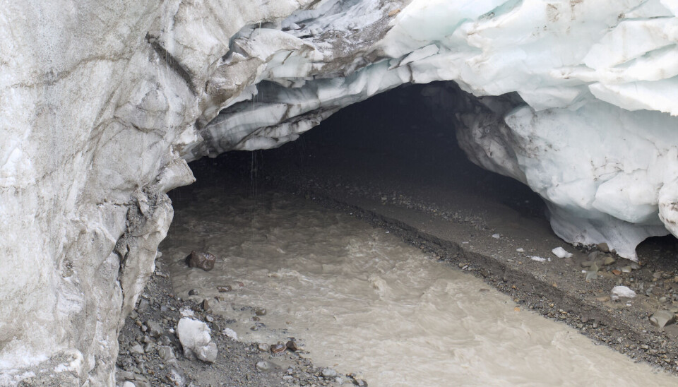 The meltwater river emerges from a tunnel underneath the glacier ice, flushing out methane and releasing it to the atmosphere