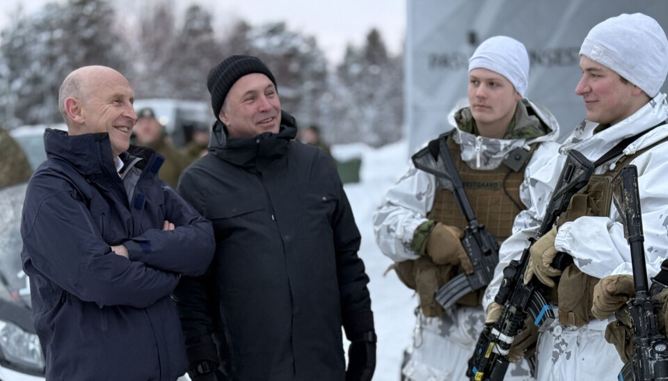 The two defence ministers of Norway and Britain, John Healey (left) and Tore Sandvik have travelled northern Norway together over the last two days. Here from Pasvik border station, a short few hundred meters from the border with Russia.