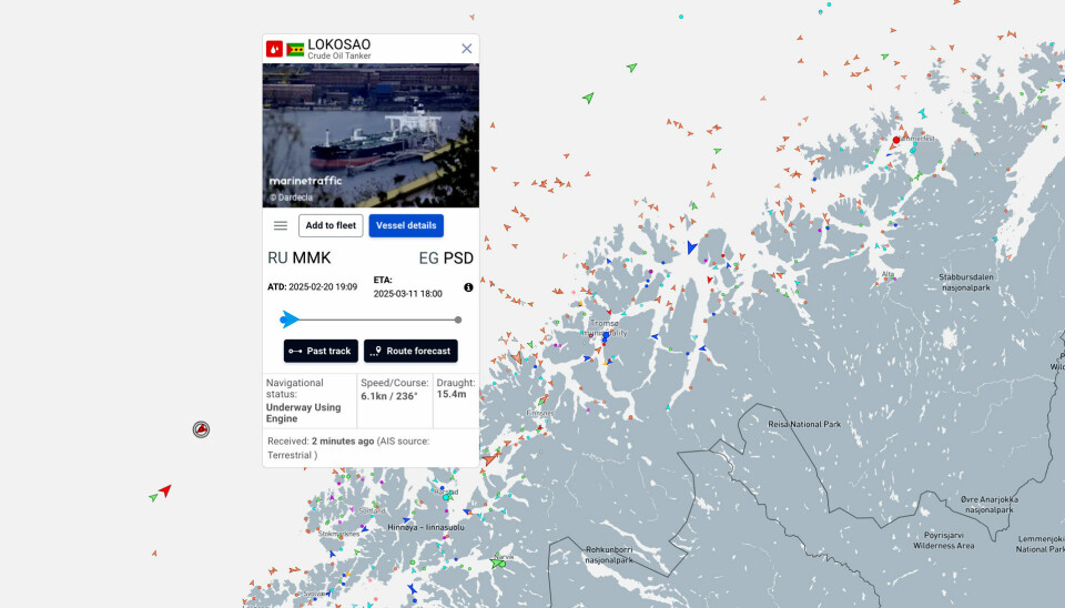 'Shadow fleet' tanker Lokosao sailing southwards along Norwegian coast after loading crude oil in Murmansk.