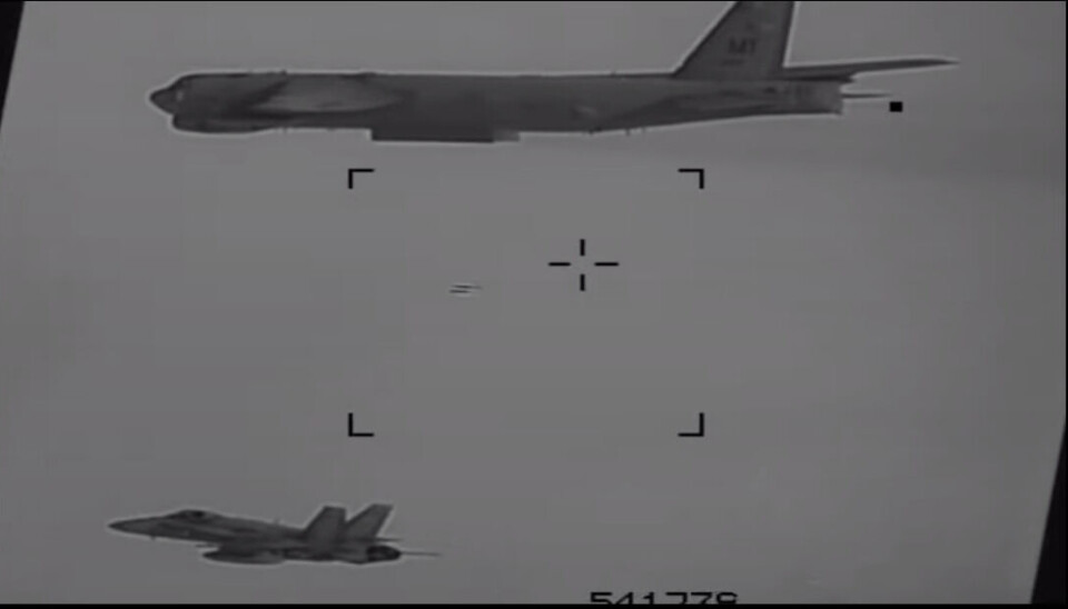 United States B-52 Stratofortress drops a guided JDAM bomb the skies above Rovajärvi firing range area east of Rovaniemi on March 6.