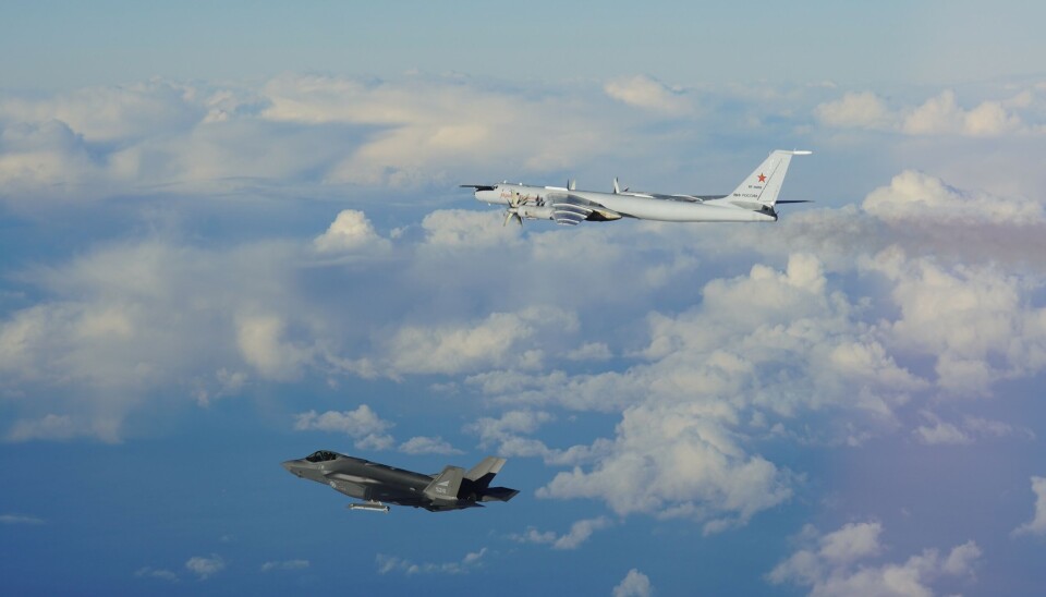A Norwegian F-35 flies alongside one of the two Tu-142 maritime patrol aircraft in international airspace outside northern Norway.