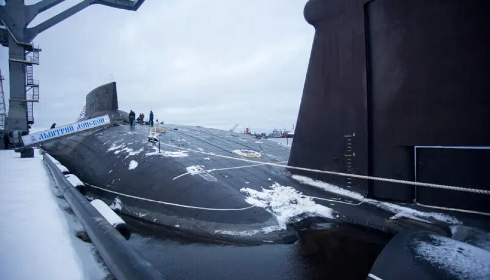 The Dimitri Donskoy at port in Severodvinsk. The huge crane is used when loading ballistic missiles into the submarine. The first Bulava test-launch took place in 2005.