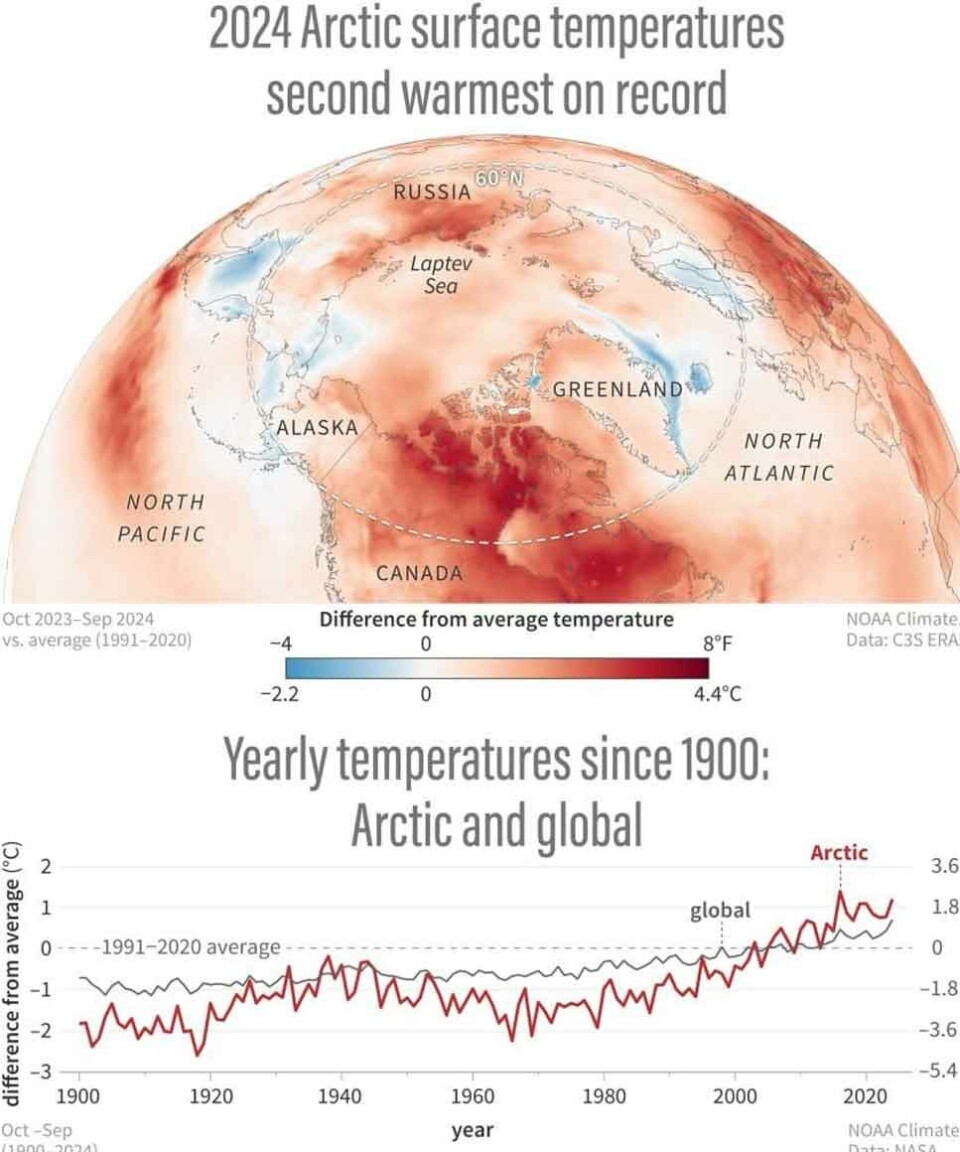 Map of average air temperature across the Arctic for October 2023–September 2024 compared to the 1991–2020 average. Areas with warmer-than-average temperatures are orange and red, and areas with colder-than-average temperatures are blue. The graph shows yearly Arctic (red line) and global (grey line) temperatures between 1900 and 2024 compared to the long-term average (1991–2020) from 1900–2024. NOAA Climate.gov image based on the 2024 Arctic Report Card—Surface Air Temperature