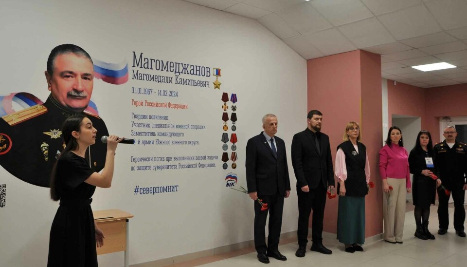 So-called 'hero of Russia' Magomedali Magomedzhanov painted on the wall of a school in Severomorsk, Murmansk region.