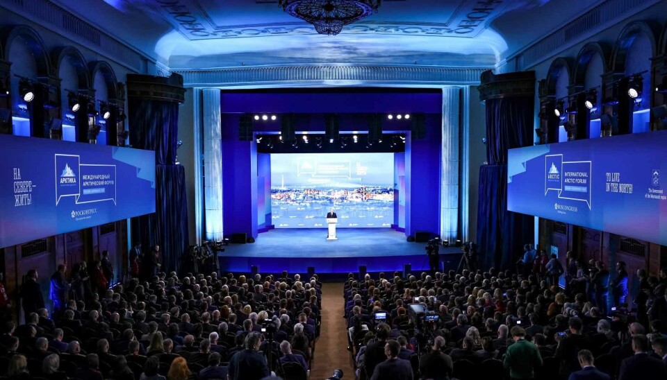 Putin delivers speech in the Murmansk Philharmonie hall.