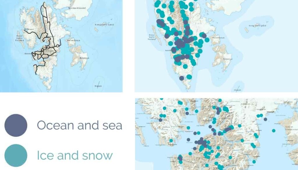 Comparing snowmobile routes, and Maptionnaire observations. A. GPS routes (black lines) provided by locals. B. Maptionnaire observations of “ice and snow” and “ocean and sea”. (In the latter category all observations concerned sea ice and fjord ice conditions.) These routes and observations may help identify areas where locals can contribute to monitoring or where monitoring is needed.