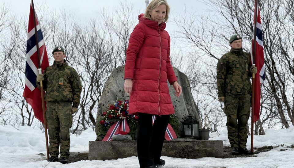 State Secretary in the Ministry of Defense, Marte Gerhardsen, lays wreath to mark the 80 years since the end of second world war at a memorial outside Kirkenes near Norway's border with Russia.