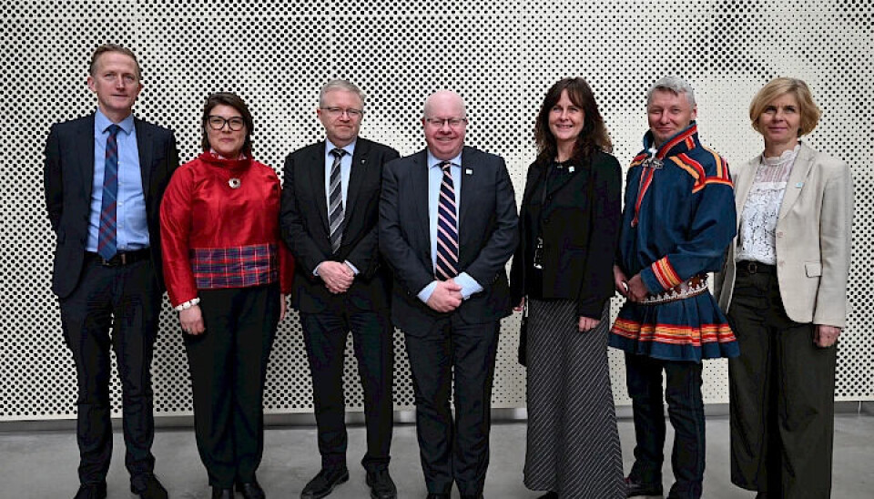 Heads of Delegation for Norway, the Kingdom of Denmark, Inuit Circumpolar Council and the Saami Council attended in person. From left to right: Torsten Kjølby Nielsen, Senior Arctic Official for the Kingdom of Denmark; Sara Olsvig, Chair of Inuit Circumpolar Council; Kenneth Høegh, new Chair of the Senior Arctic Officials; Morten Høglund, outgoing Chair of the Senior Arctic Officials: Solveig Rossebø, Senior Arctic Official for Norway; Per Olof Nutti, President of Saami Council; Gunvør Balle, Deputy Chair of the Senior Arctic Officials
