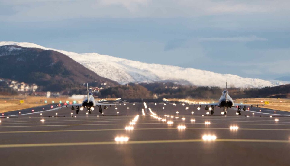 Two Spanish fighter jets ready for takeoff at the airport in Bodø.
