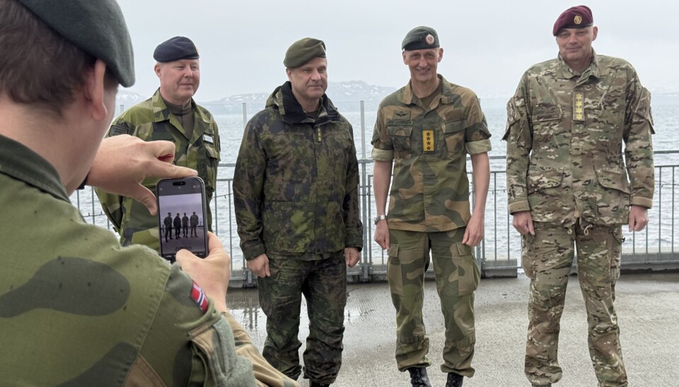 Top military brass meeting in Kirkenes on May 22. The commanders talked about how to boost cross-border security up north between the four Nordic NATO-members. From left: Chief of Defense Staff Sweden - Lieutenant General Carl-Johan Edström, General Janne Jaakkola - Chief of Defence Finland, General Eirik Kristoffersen - Chief of Defence Norway and General Michael Wiggers Hyldgaard - Chief of Defense Denmark.