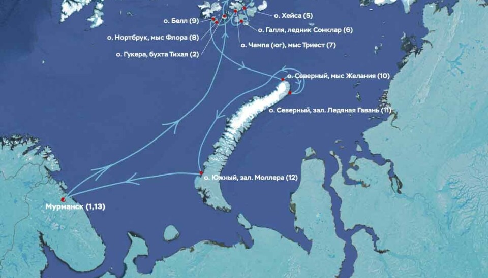 The planned cruise of the Stålbas included eight sites in the Franz Josef Land and three sites in Novaja Zemlya.