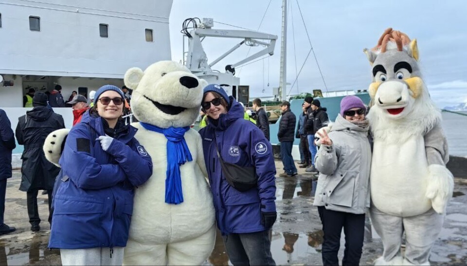 The few tourists arriving from Murmansk with Professor Molchanov were welcomed in Barentsburg by a dressed-up polar bear and a Svalbard reindeer.