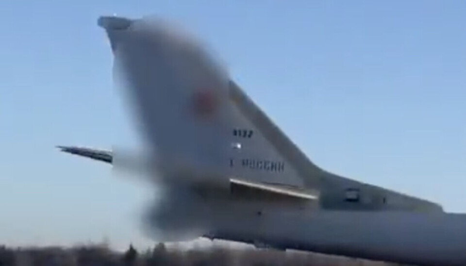 The four digits identification number on the tail of the aircraft can be seen a short parts of a second as the bomber lands after mission at Olenya air base on February 4th, 2025.