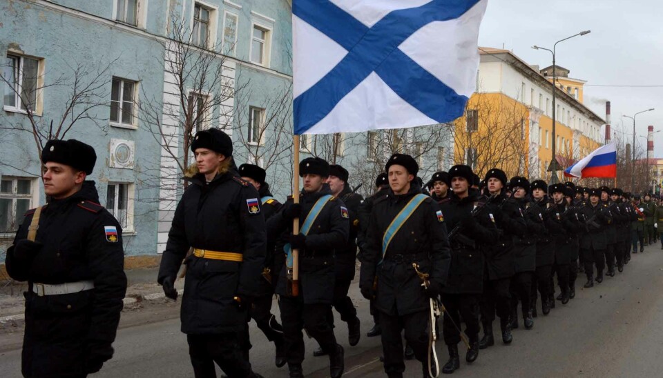 Marines from the 61st Naval Infantry Brigade marching in Russian border town Nikel.