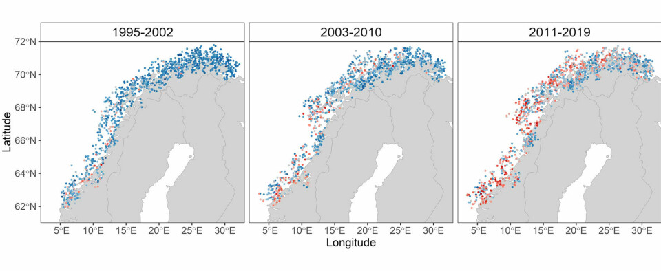 Species richness per trawl along the coast of Northern Norway in the early (left panel), intermediate (mid panel) and late (right panel) study period.