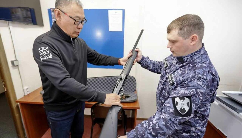 Viktor Yurgai, Mayor of Tazov municpality, donates his Ege semi-automatic shotgun.