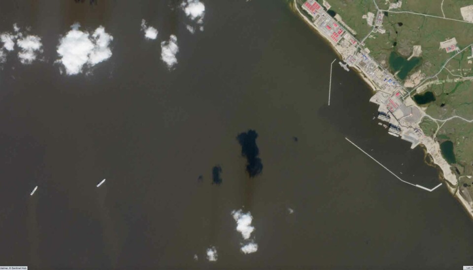 A 'shadow fleet' carrier moored at the Utrenneye terminal in Gydan Peninsula on August 9, 2025. Another two tankers can be seen in the nearby waters. The Arctic LNG 2 is subjected to international sanctions.