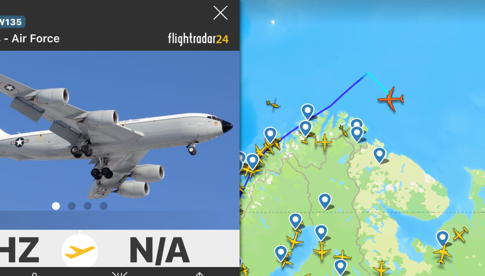 September 2 in the late afternoon: The Jake27 is a U.S. Air Force WC-135R. The plane flew without the transponder visible for civilian tracking systems when it was over the eastern Barents Sea. A tanker-plane helped with re-fuelling north of Norway's Finnmark region before the plane continued to the east.