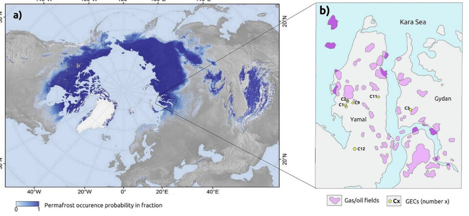 The map on the left shows the permafrost areas in the Arctic, and the map on the right highlights oil and gas fields as well as craters on Yamal and Gydan peninsulas