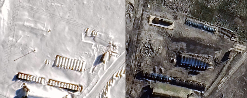 The image to the left shows the fuel tanks without cover in the winter of 2021. The image of same tanks with drone nets to the right is from mid-August 2025.