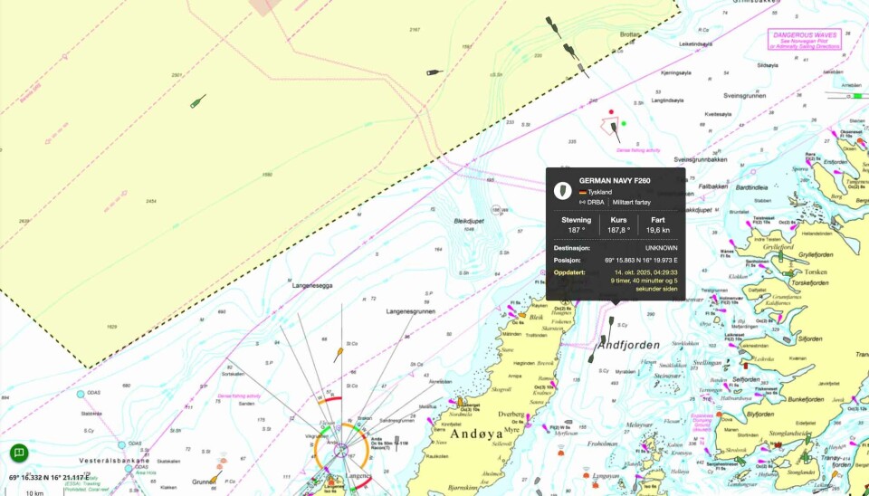Nine German naval vessels sailing in the waters off Andøya, northern Norway. In addition, a submarine is part of the exercise.