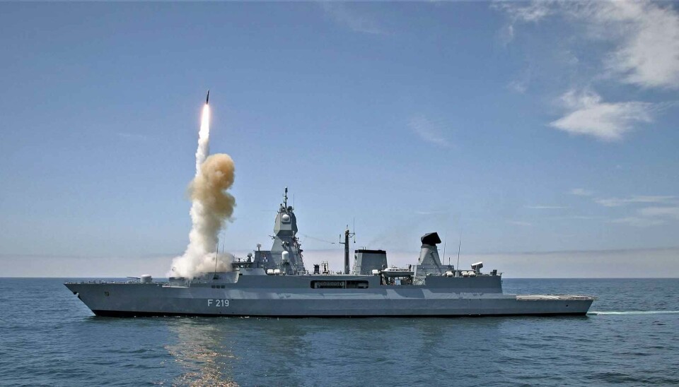 The Sachsen fires a RIM-66 SM-2 anti-aircraft missile. Combined with the SMART-L, the large airspace surveillance radar on the rear superstructure, this weapon makes the Sachsen class powerful air defenders.