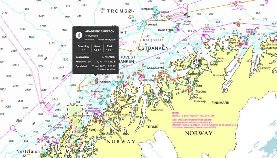 The Akademik B Petrov on October 19-20 zigzagged near the Andøya missile firing test area in the Norwegian Sea.