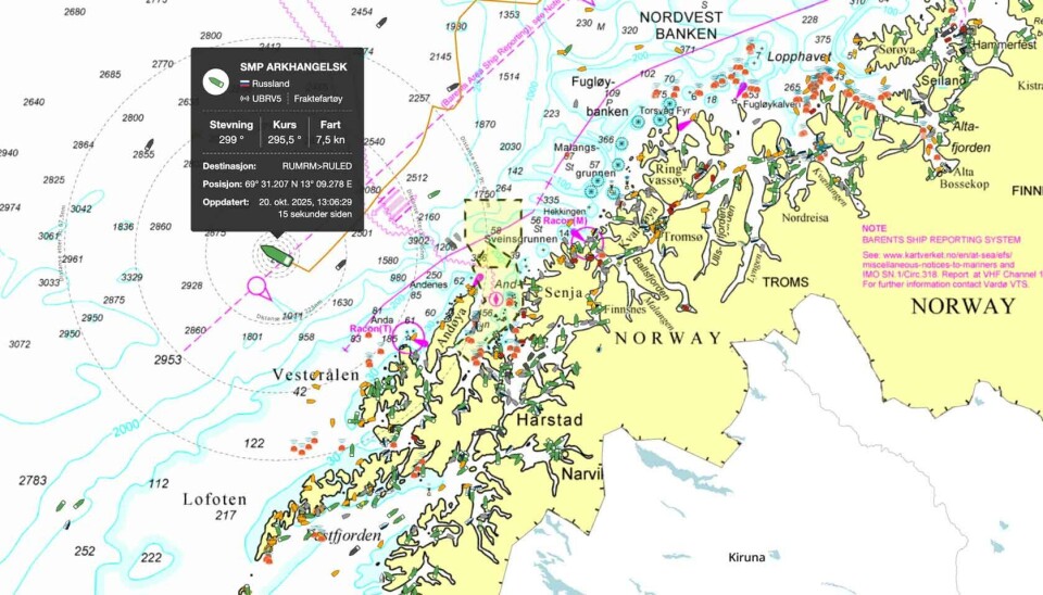 The SMP Arkhangelsk on October 20, 2025 sailed outside the Andøya missile test range as the German Navy conducted a major exercise in the area.