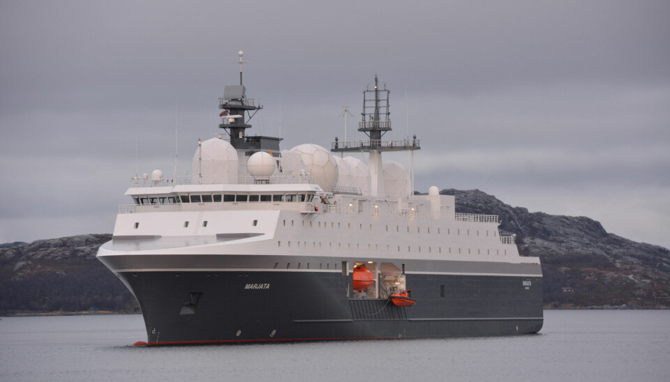 Norwegian intelligence ship Marjata in the Varanger Fjord.